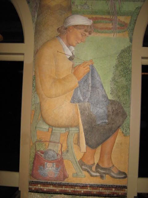 A knitter in the WPA mural at the Beach Chalet