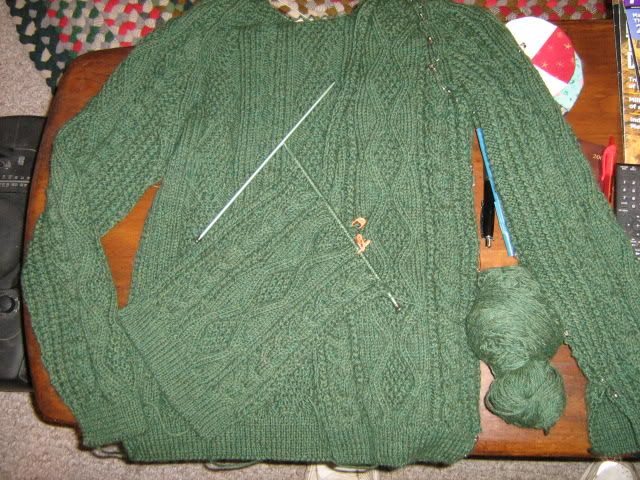 green Aran sweater-in-progress