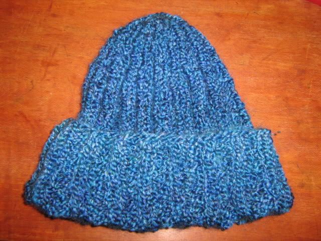 blue ribbed hat.
