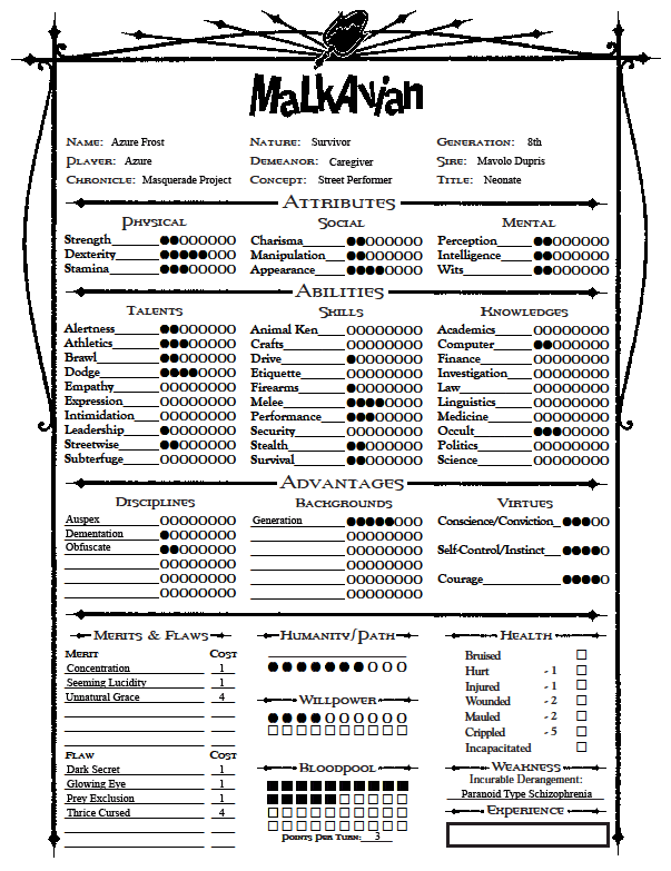 Never played table top, but heres a Char Sheet of Azure that I whiped up.