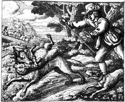 Sheepdog, wolf with lamb and shepherd