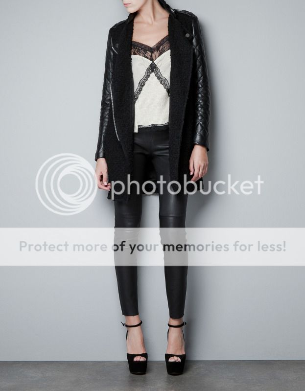 Zara Black Coat with Quilted Leather Sleeves Jacket s M L XL 2012 